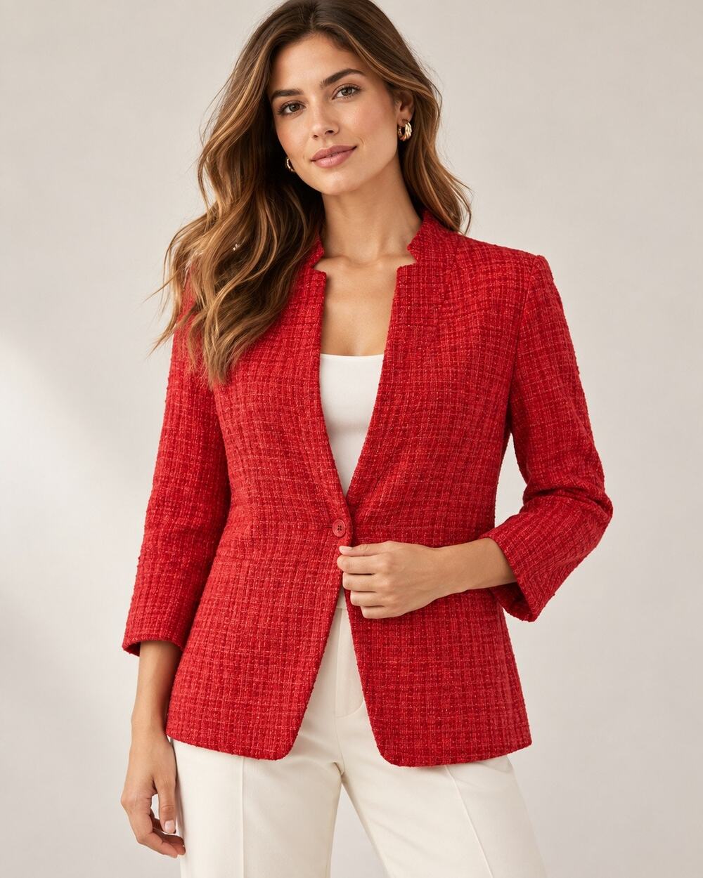 New York & Company Red Tweed Blazer Jacket Sz M Boucle Holiday Preppy Career NWT